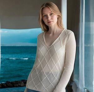 Chic White V-Neck Beach Cover Light Long Sleeved Coastal Knit